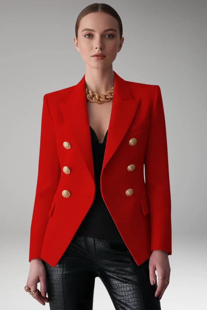 Red Women's Blazer with Double-Breasted Button Front & Peak Lapel
