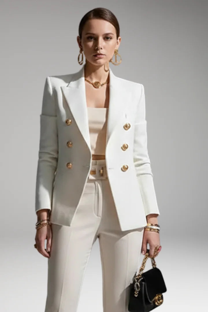 White Women's Blazer with Double-Breasted Button Front & Peak Lapel
