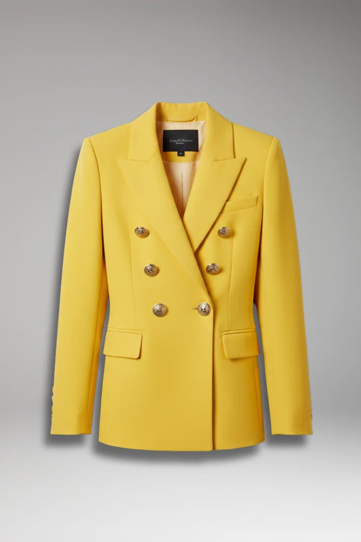 Yellow Women's Blazer with Double-Breasted Button Front & Peak Lapel - Front Full Flat