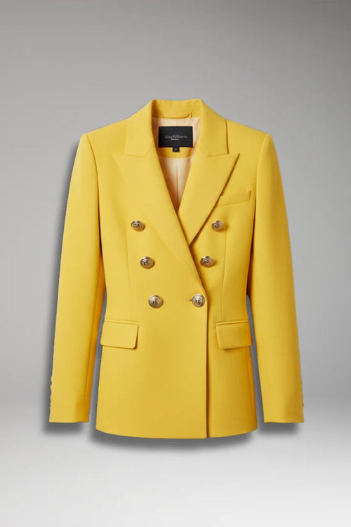 Yellow Women's Blazer with Double-Breasted Button Front & Peak Lapel - Front Full Flat