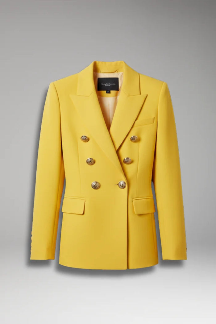 Yellow Women's Blazer with Double-Breasted Button Front & Peak Lapel - Front Full Flat