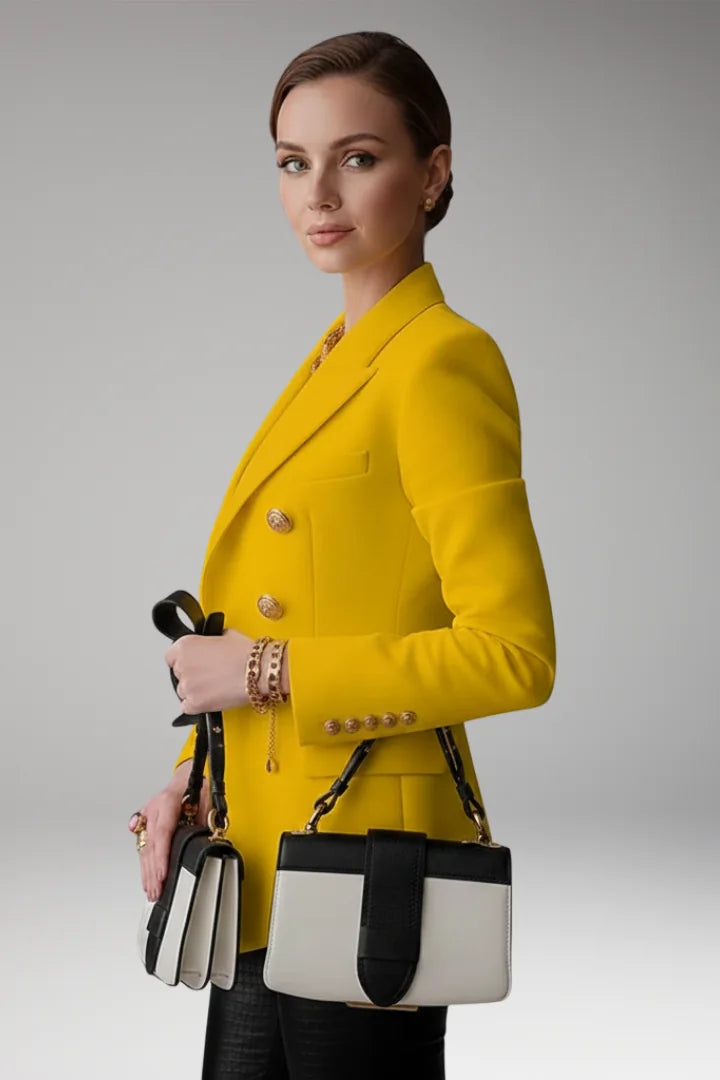 Women's Blazer with Double-Breasted Button Front & Peak Lapel - Side Profile Worn