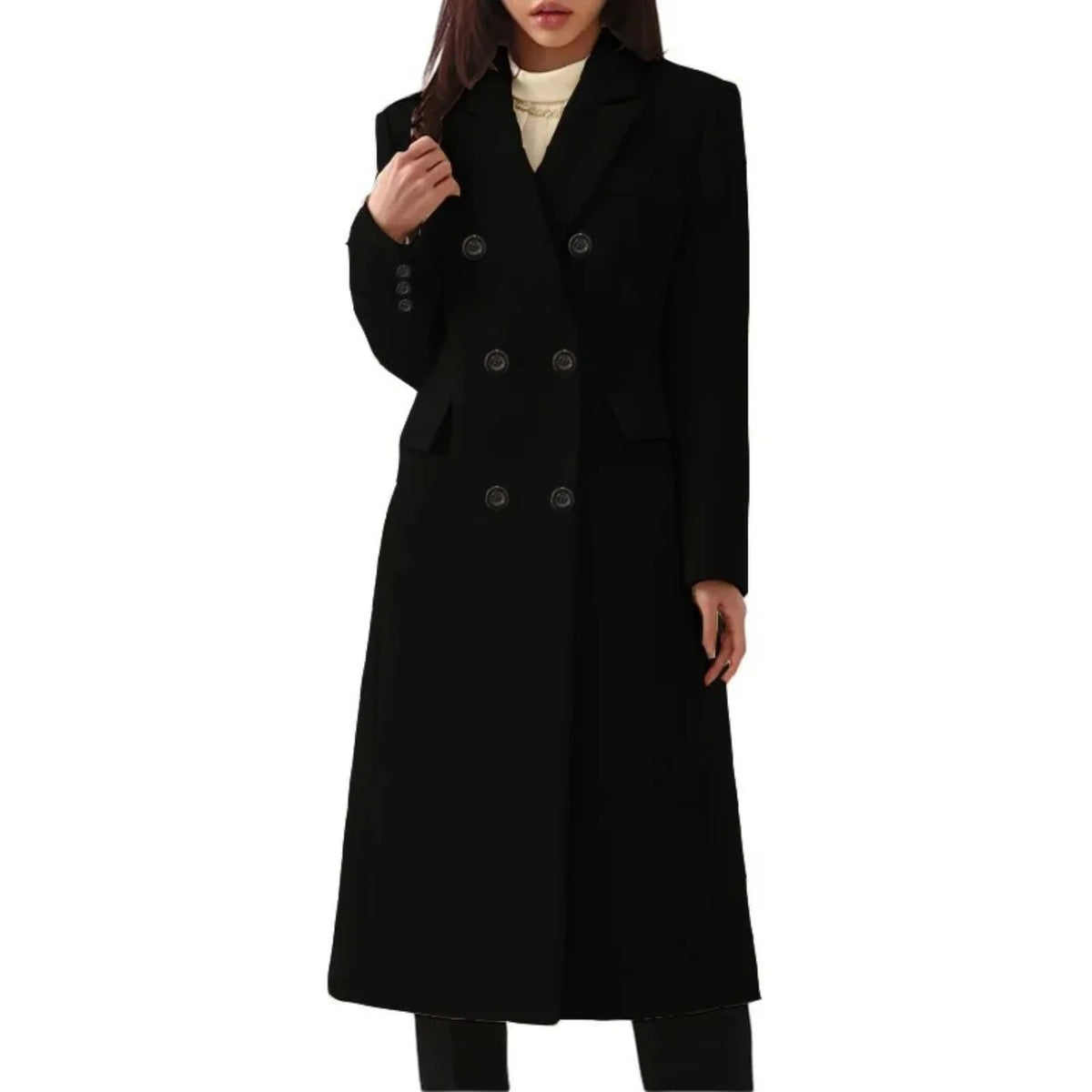 Black Women's Double-Breasted Coat with Notched Collar & Tailored Fit