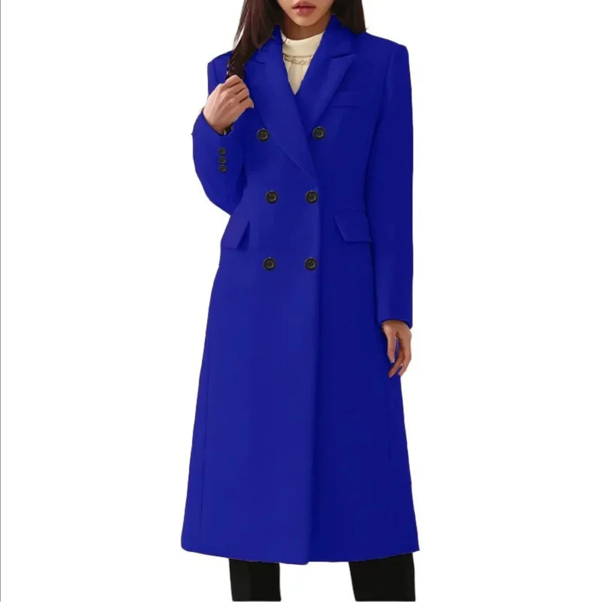 Blue Women's Double-Breasted Coat with Notched Collar & Tailored Fit