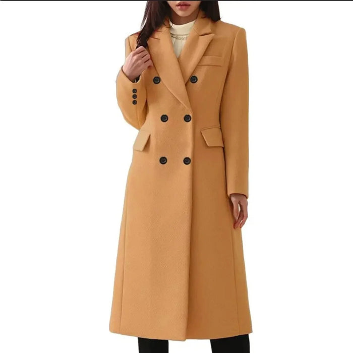 Brown Women's Double-Breasted Coat with Notched Collar & Tailored Fit