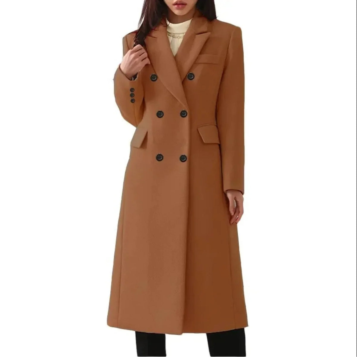 Dark Brown Women's Double-Breasted Coat with Notched Collar & Tailored Fit