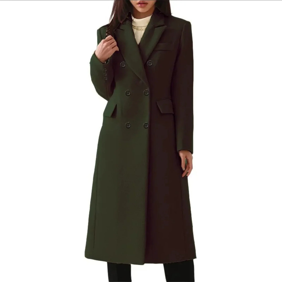 Dark Green Women's Double-Breasted Coat with Notched Collar & Tailored Fit