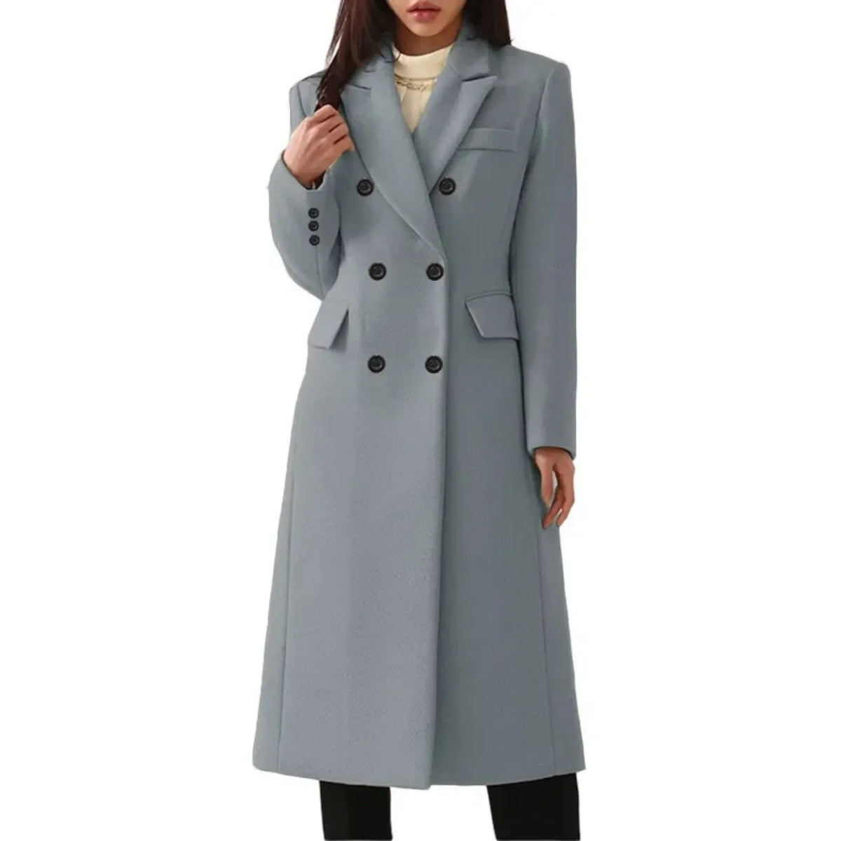 Grey Women's Double-Breasted Coat with Notched Collar & Tailored Fit