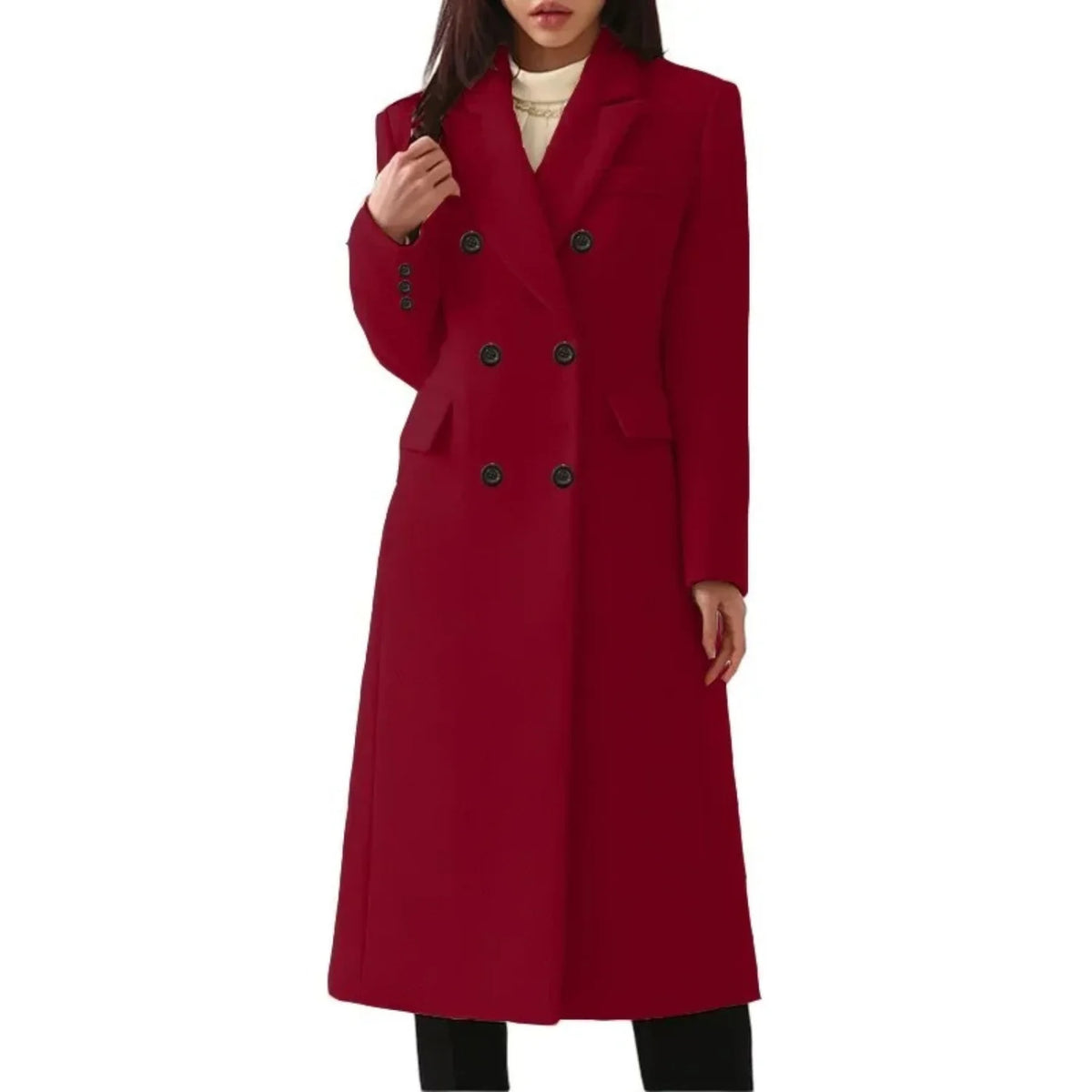 Red Women's Double-Breasted Coat with Notched Collar & Tailored Fit