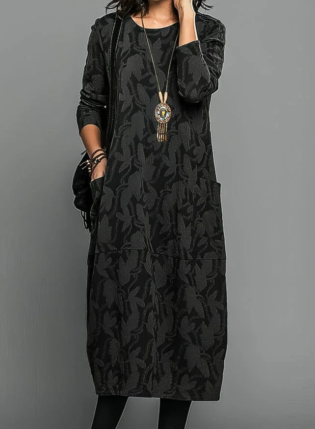 Black Women's Winter Dress with Long Sleeves, Side Pockets & Drop-Waist Hem