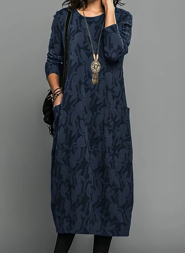 Blue Women's Winter Dress with Long Sleeves, Side Pockets & Drop-Waist Hem