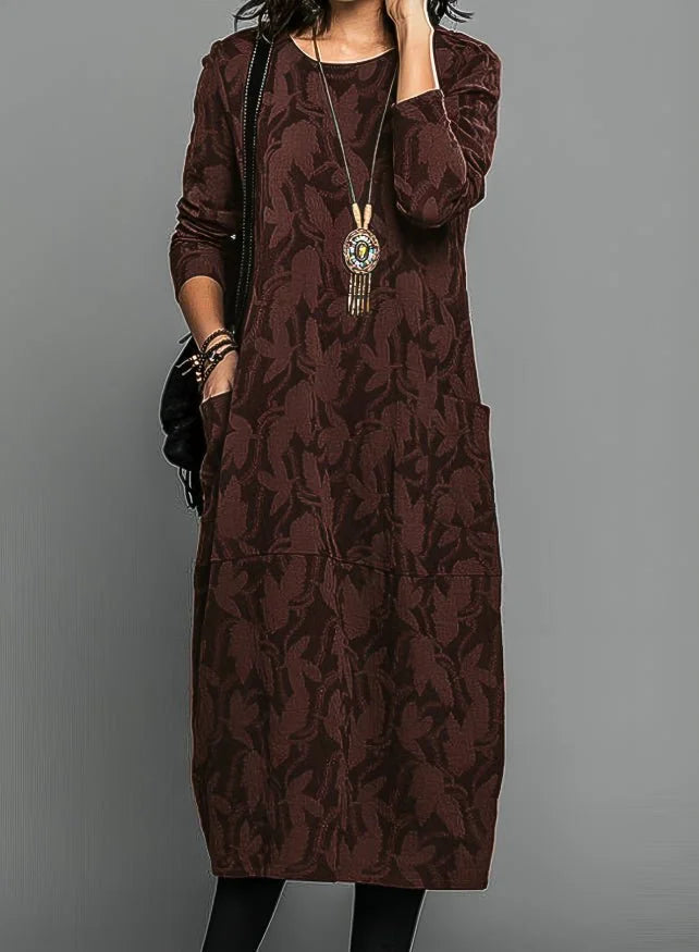 Burgundy Women's Winter Dress with Long Sleeves, Side Pockets & Drop-Waist Hem - Hand To Face Pose