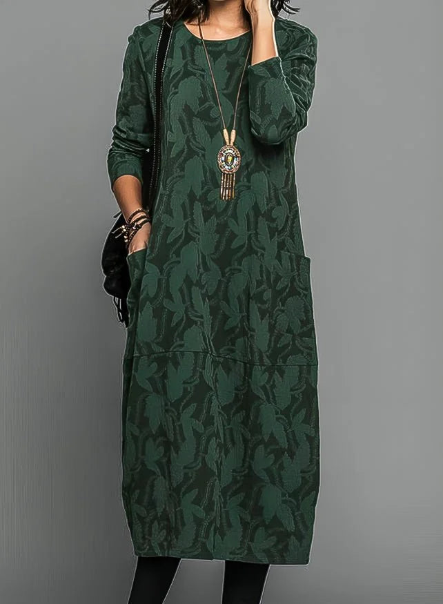 Green Women's Winter Dress with Long Sleeves, Side Pockets & Drop-Waist Hem