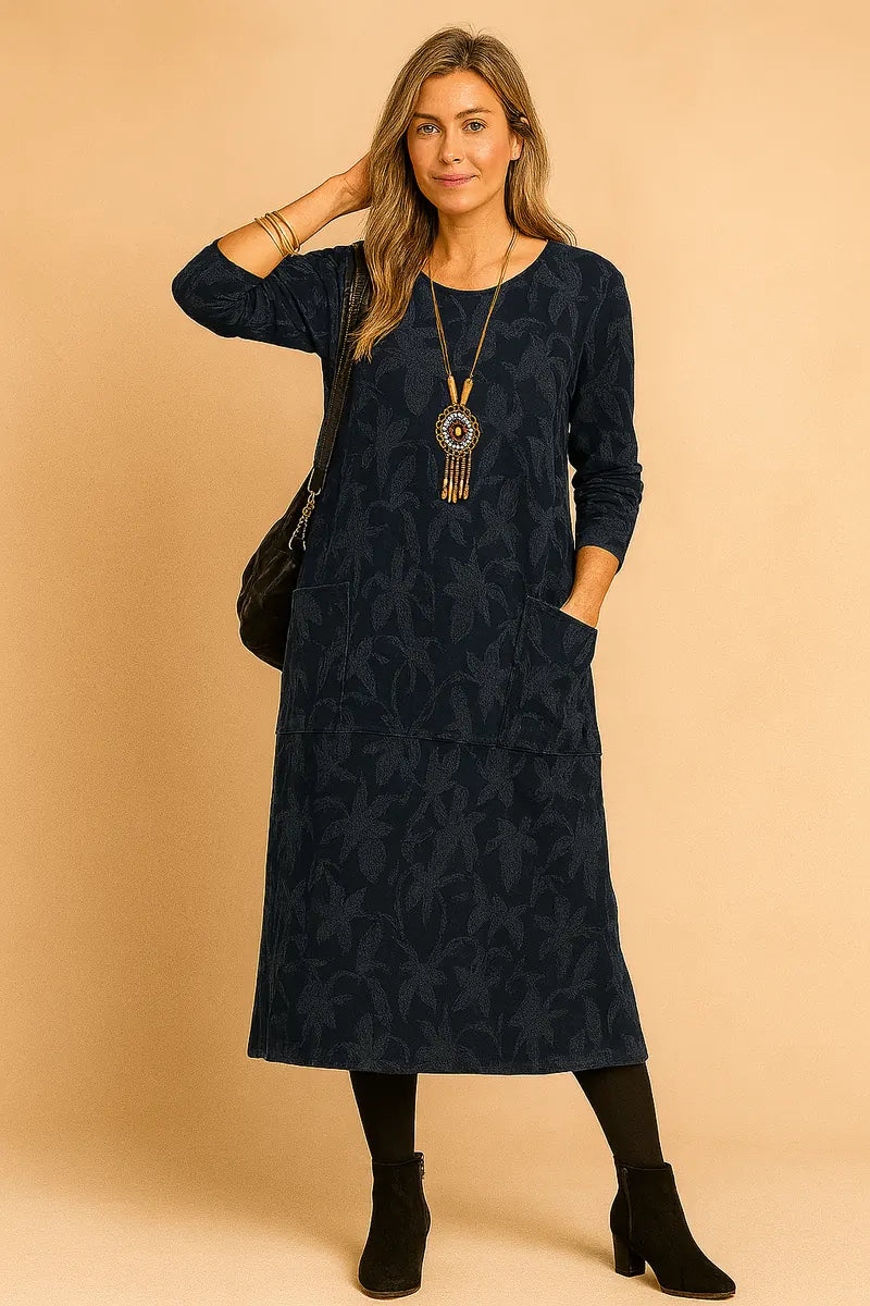 Blue Women's Winter Dress with Long Sleeves & Patch Pockets