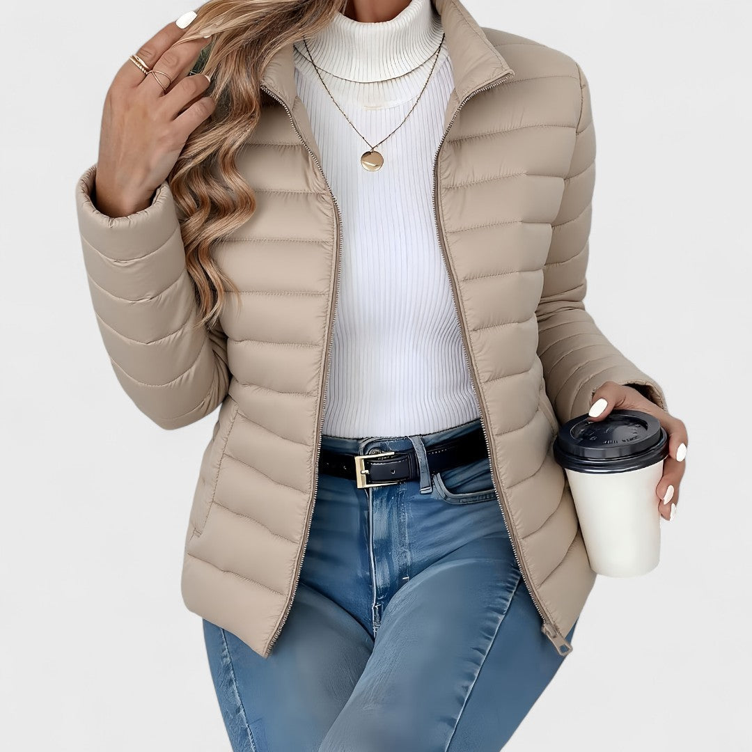 Khaki Women's Quilted Jacket with Stand Collar & Zip Front