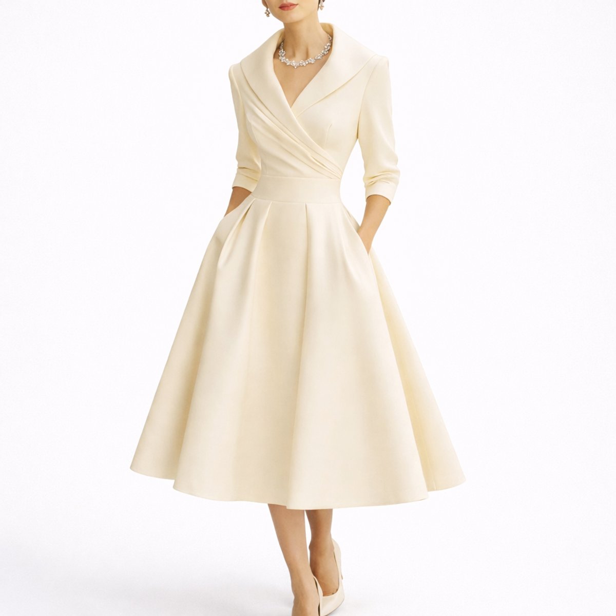 White Women's Wrap Midi Dress with V-Neck & Three-Quarter Sleeves