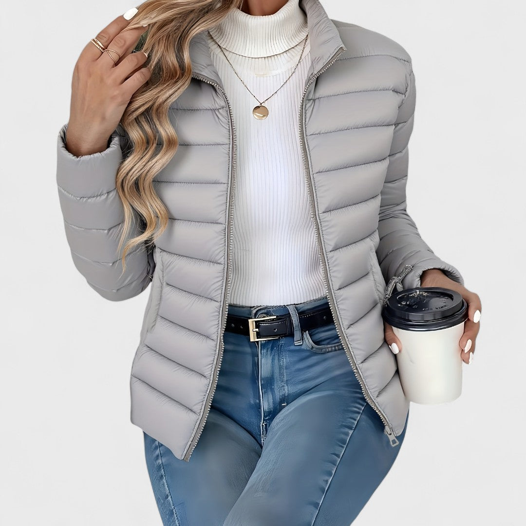 Grey Women's Quilted Jacket with Stand Collar & Zip Front