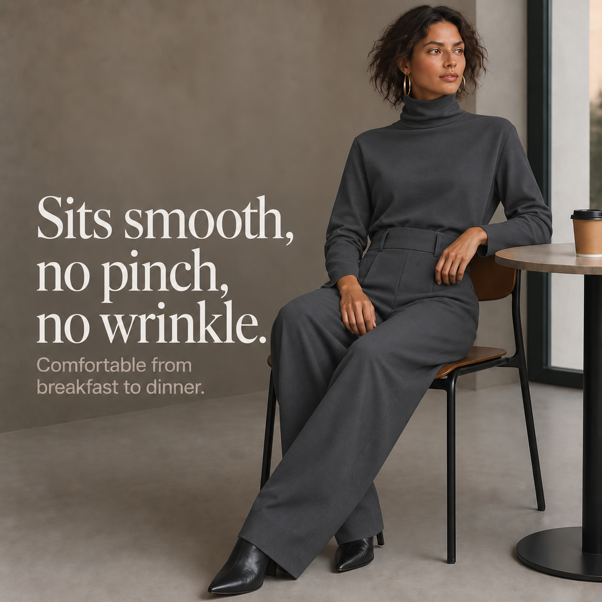 Women's Turtleneck Pants Set with High-Waisted Wide-Leg Trousers & Belt