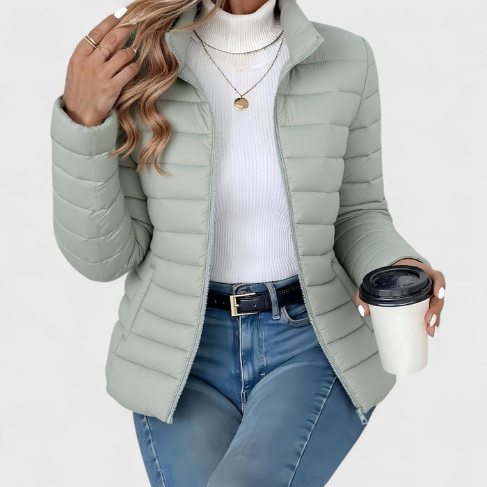 Light Green Women's Quilted Jacket with Stand Collar & Zip Front