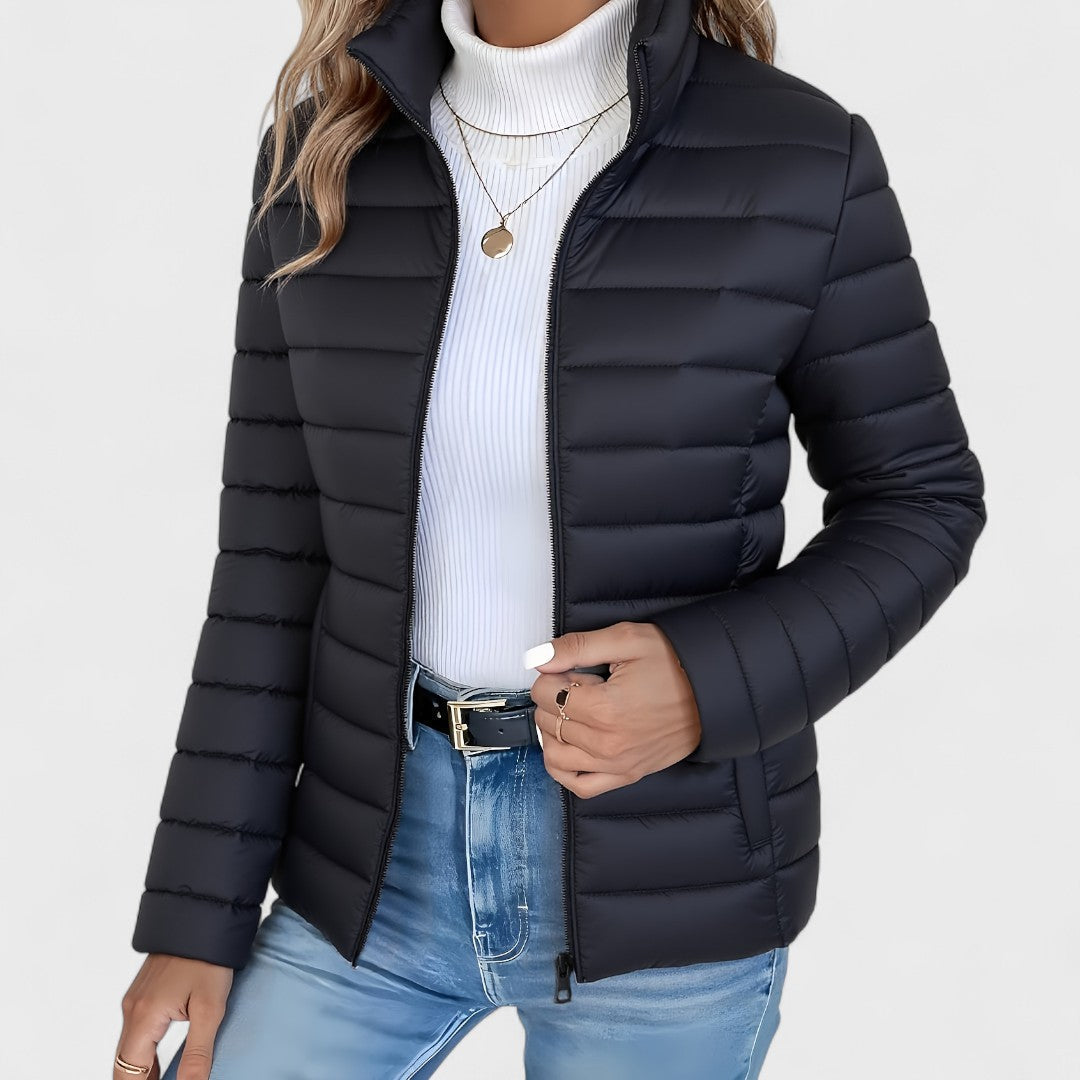 Women's Quilted Jacket with Stand Collar & Zip Front