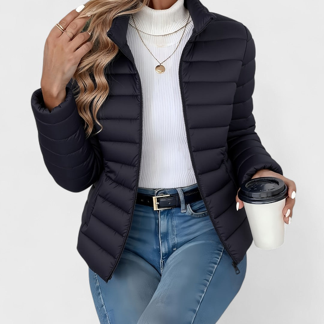 Black Women's Quilted Jacket with Stand Collar & Zip Front