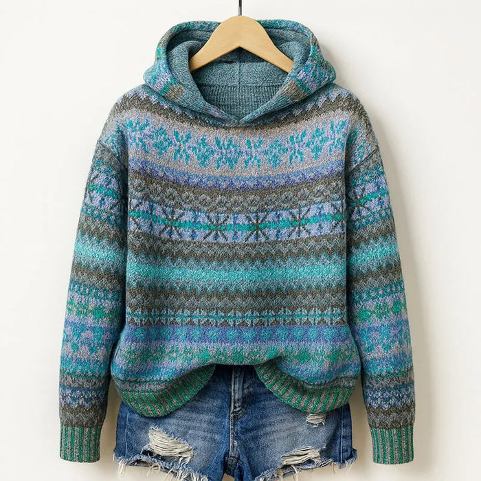 Blue Women's Fair Isle Knit Hoodie with Relaxed Hood & Ribbed Trim