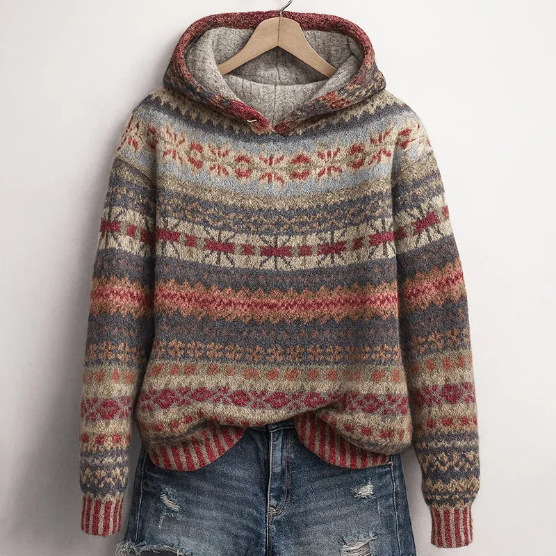 Brown Women's Fair Isle Knit Hoodie with Relaxed Hood & Ribbed Trim