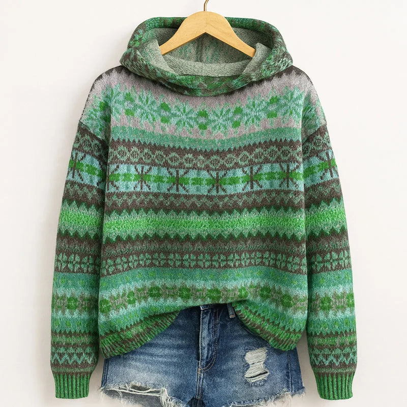 Green Women's Fair Isle Knit Hoodie with Relaxed Hood & Ribbed Trim