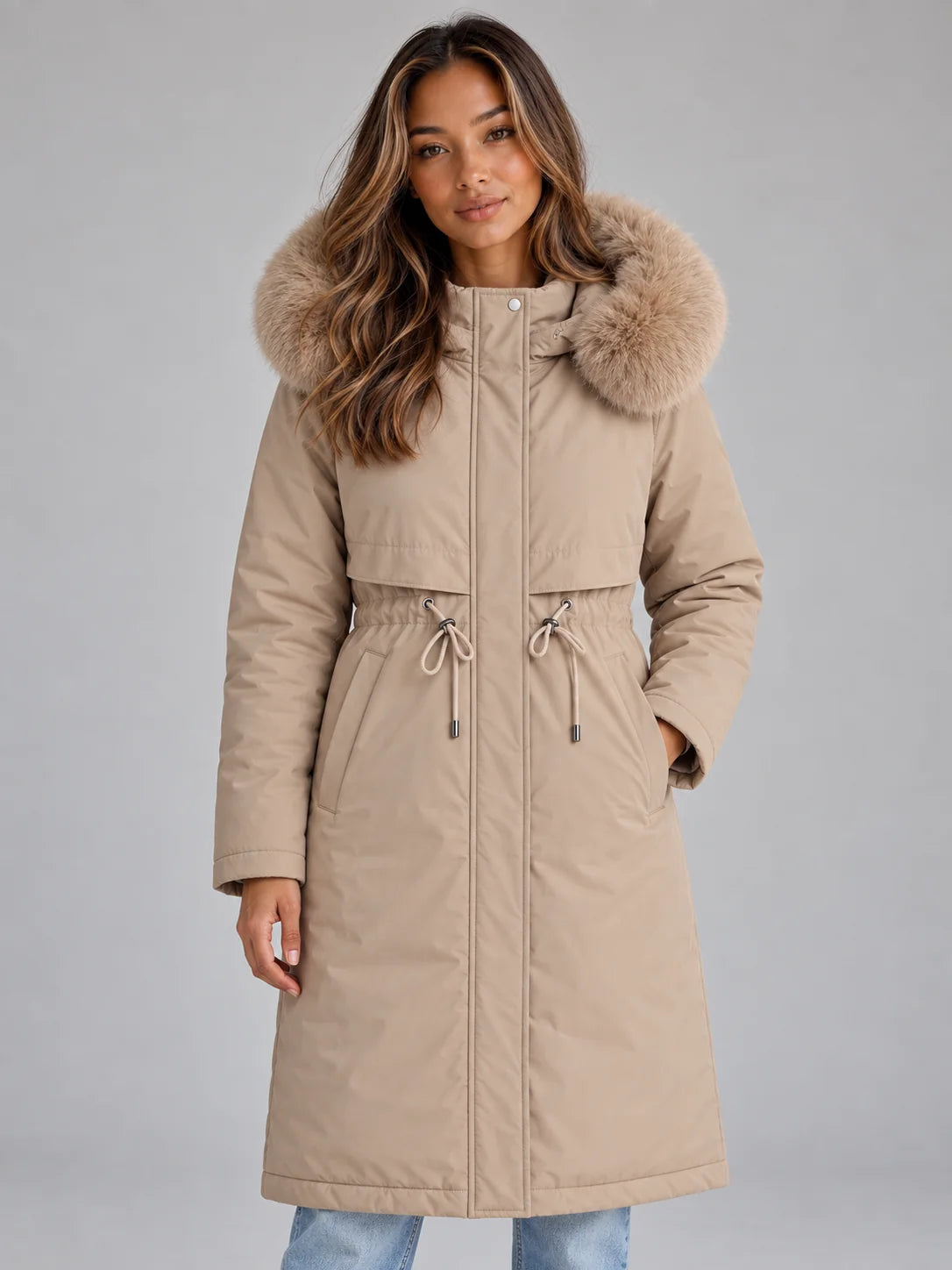 Beige Women's Long Hooded Winter Coat with Concealed Front Fastening & Drawstring Waist