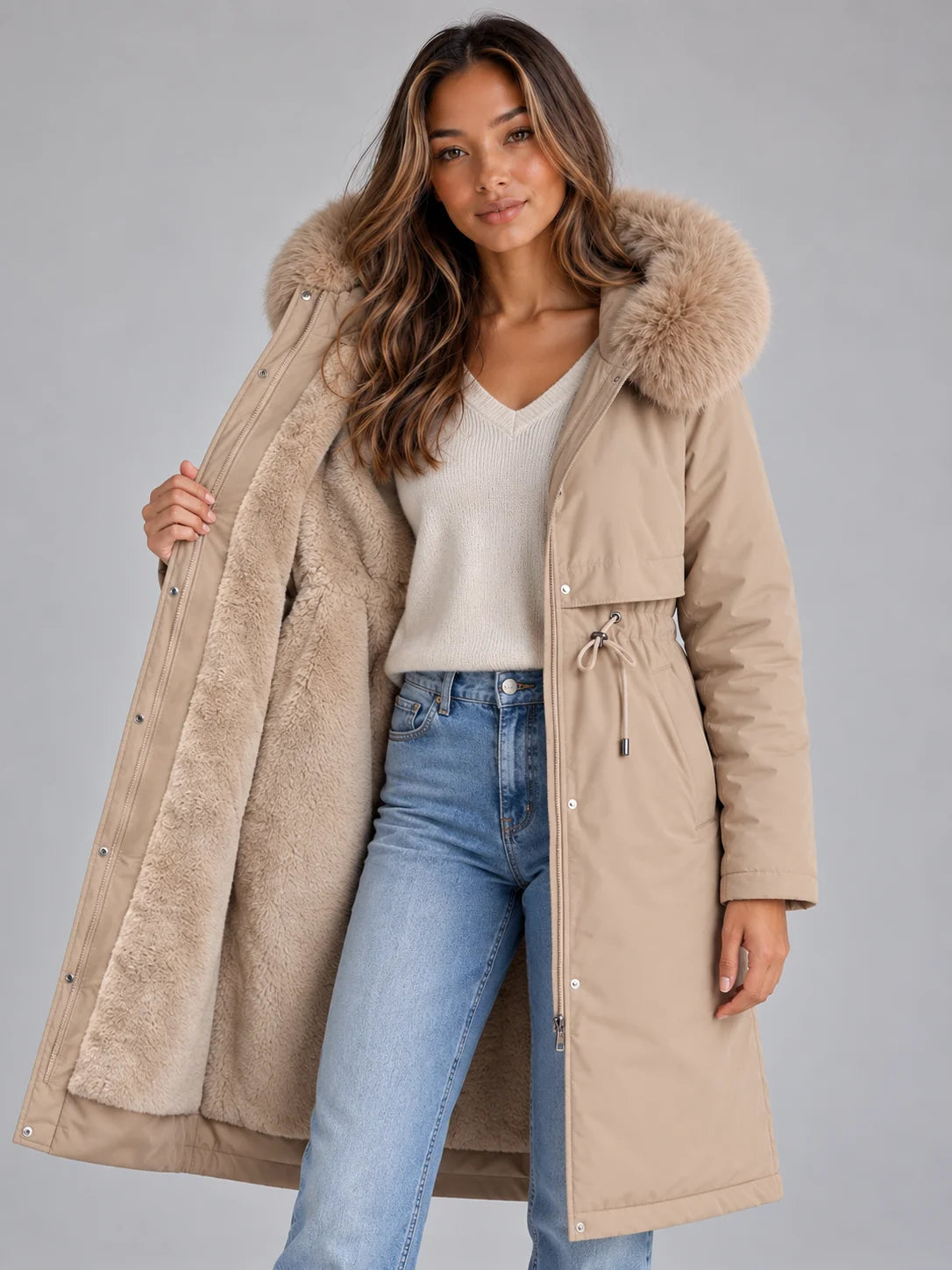 Beige Women's Long Hooded Winter Coat with Concealed Front Fastening & Drawstring Waist