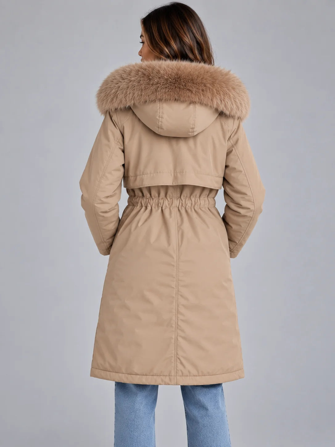 Beige Women's Long Hooded Winter Coat with Concealed Front Fastening & Drawstring Waist