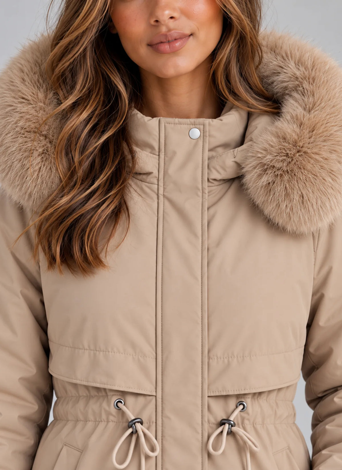 Beige Women's Long Hooded Winter Coat with Concealed Front Fastening & Drawstring Waist