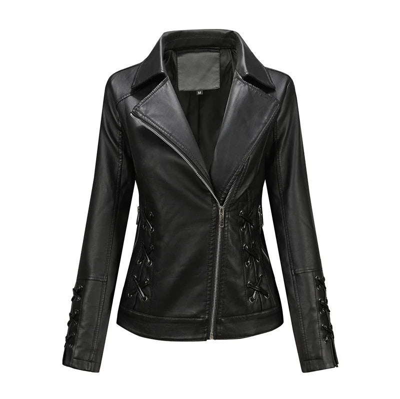 Black Women's Faux Leather Biker Jacket with Asymmetric Zipper & Side Lacing