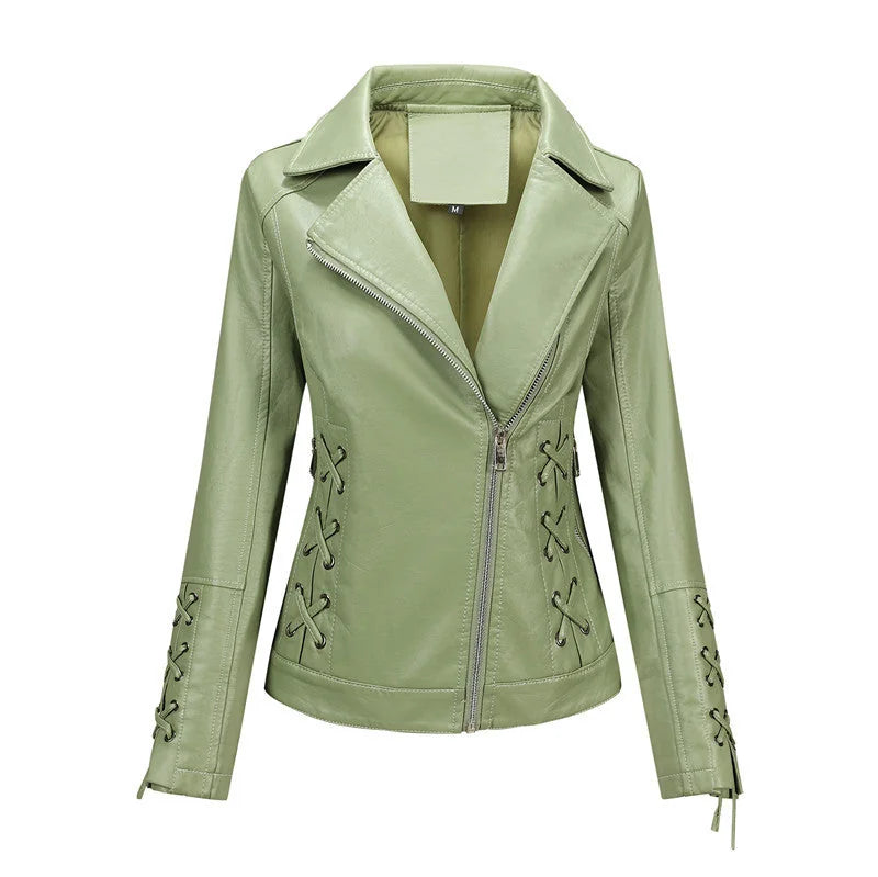 Green Women's Faux Leather Biker Jacket with Asymmetric Zipper & Side Lacing