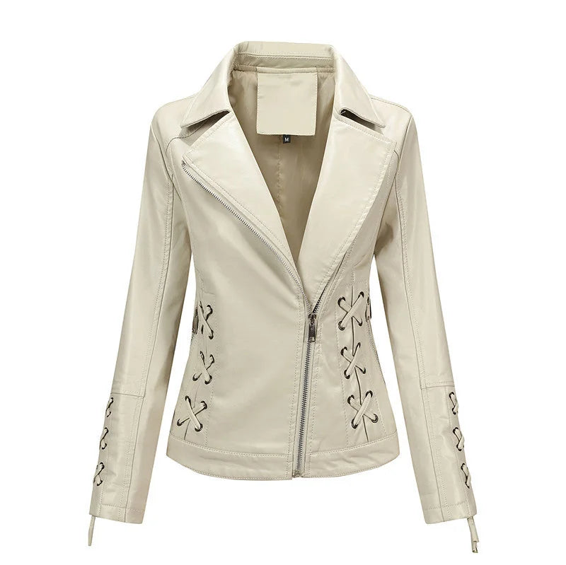 Ivory White Women's Faux Leather Biker Jacket with Asymmetric Zipper & Side Lacing