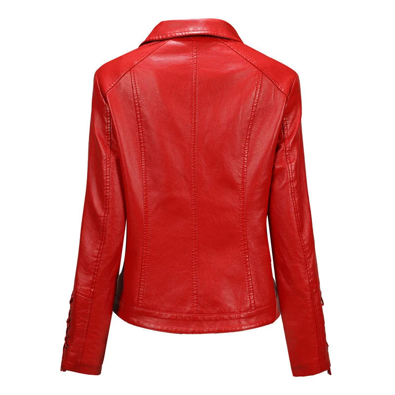 Women's Faux Leather Biker Jacket with Asymmetric Zipper & Side Lacing - Back Full