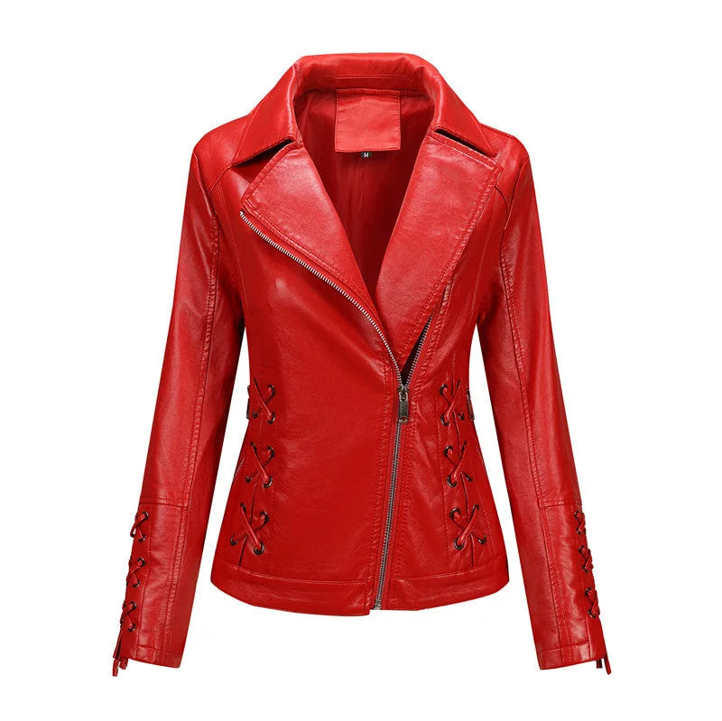 Red Women's Faux Leather Biker Jacket with Asymmetric Zipper & Side Lacing