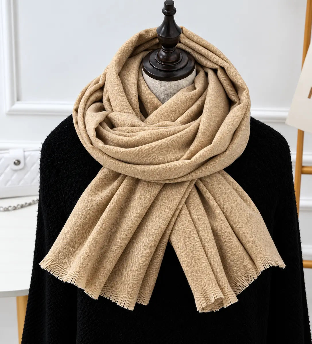 Beige Women's Knit Scarf with Fringe Trim & Soft Draped Finish - Front Angle