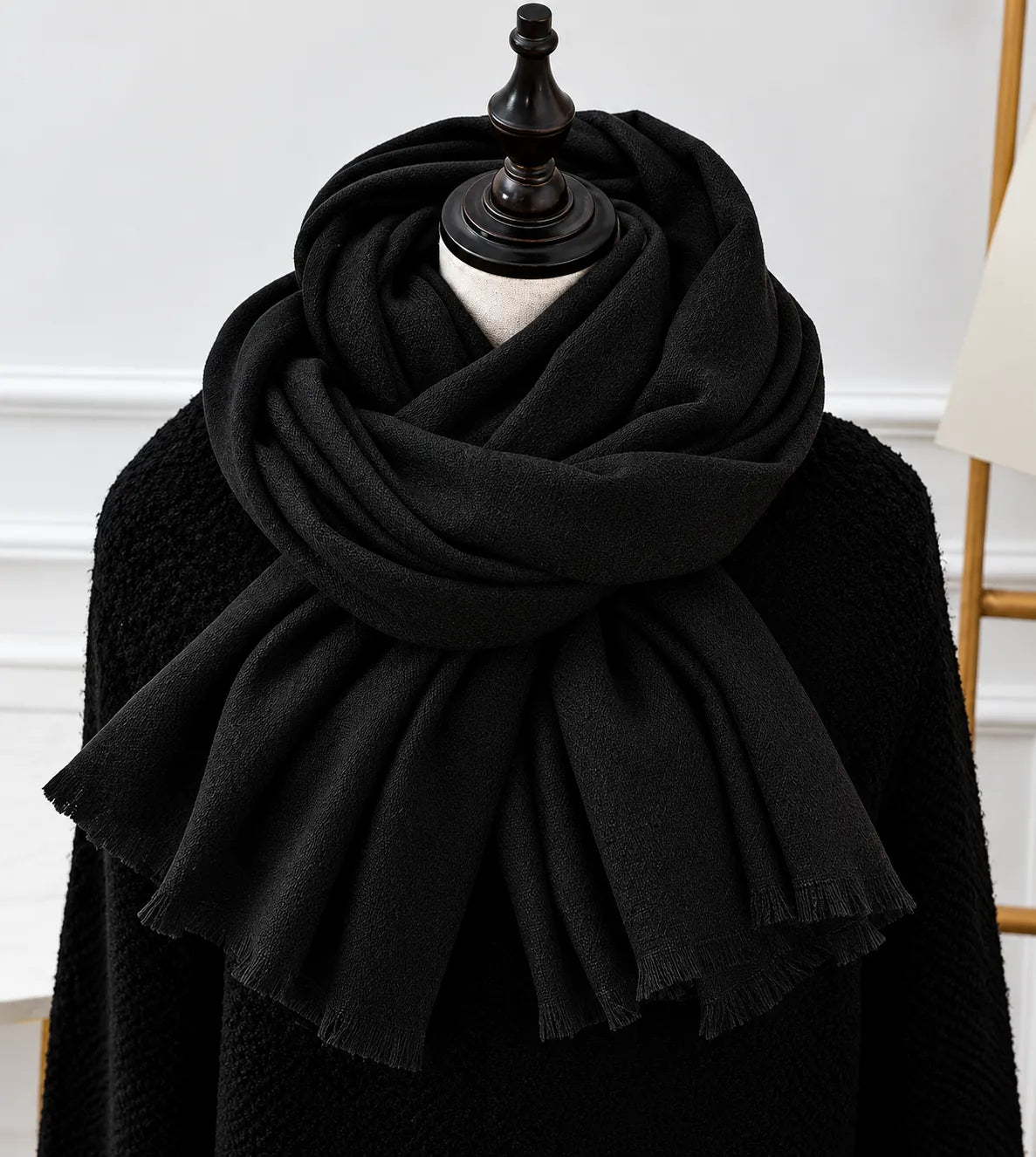 Black Women's Knit Scarf with Fringe Trim & Soft Draped Finish - Front Closeup