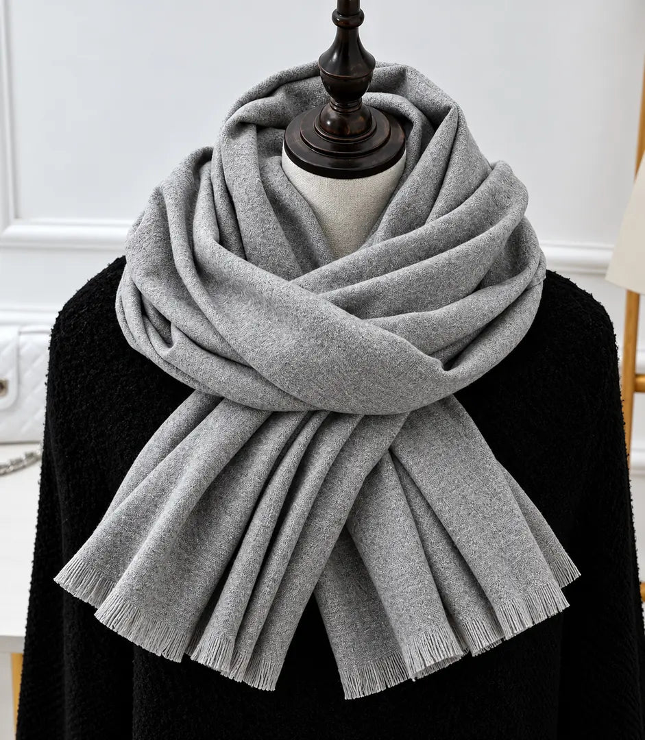 Light Grey Women's Knit Scarf with Fringe Trim & Soft Draped Finish - Front Wrap
