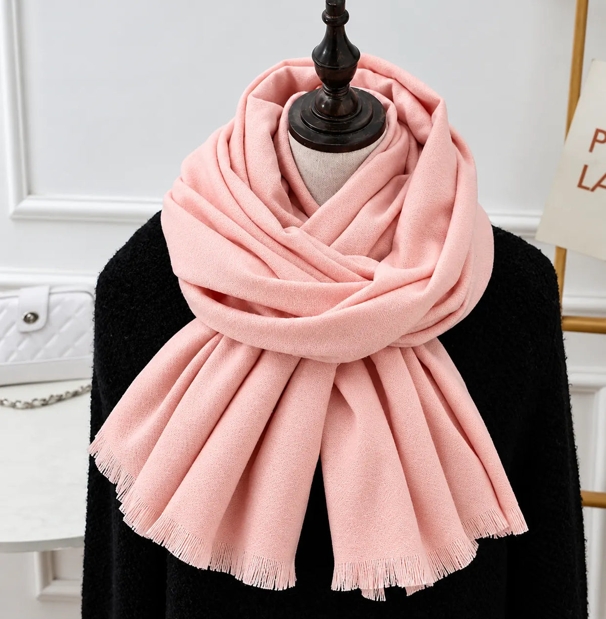 Pink Women's Knit Scarf with Fringe Trim & Soft Draped Finish - Front Draped