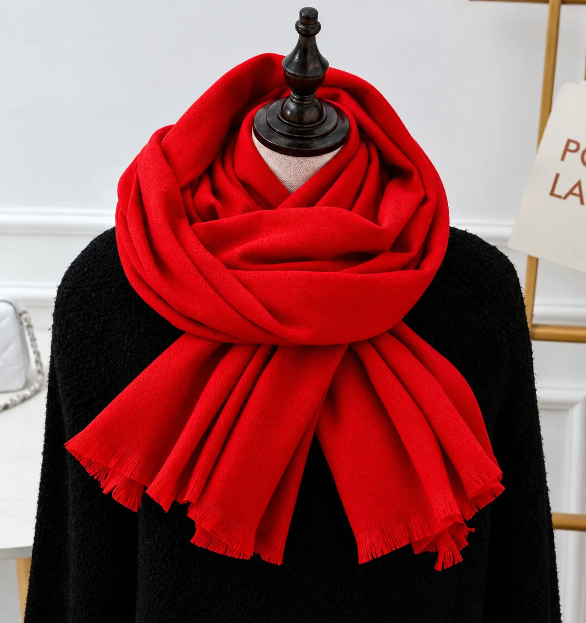 Red Women's Knit Scarf with Fringe Trim & Soft Draped Finish - Front Vibrant