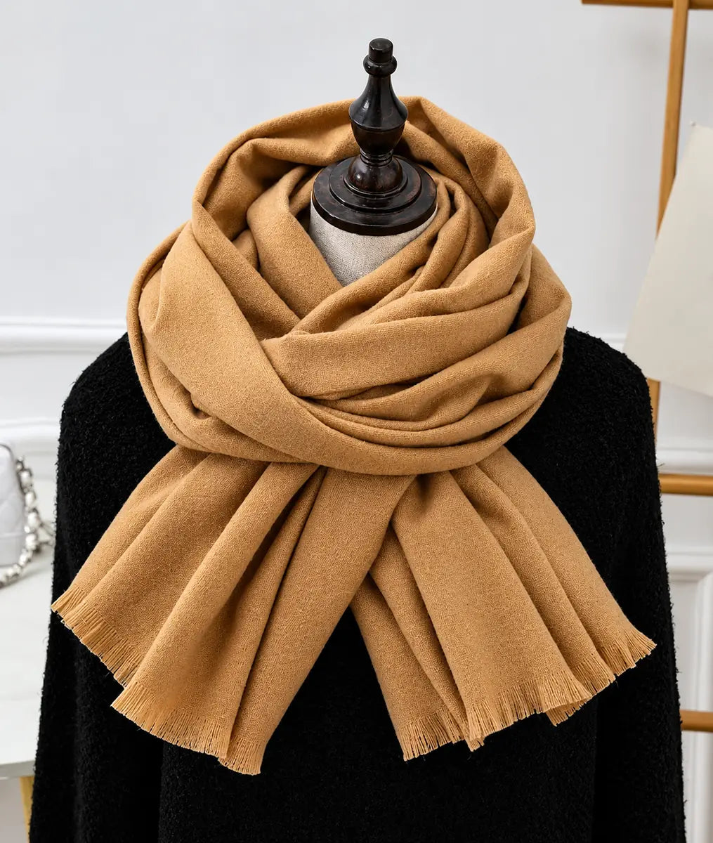 Camel Women's Knit Scarf with Fringe Trim & Soft Draped Finish - Front Pose