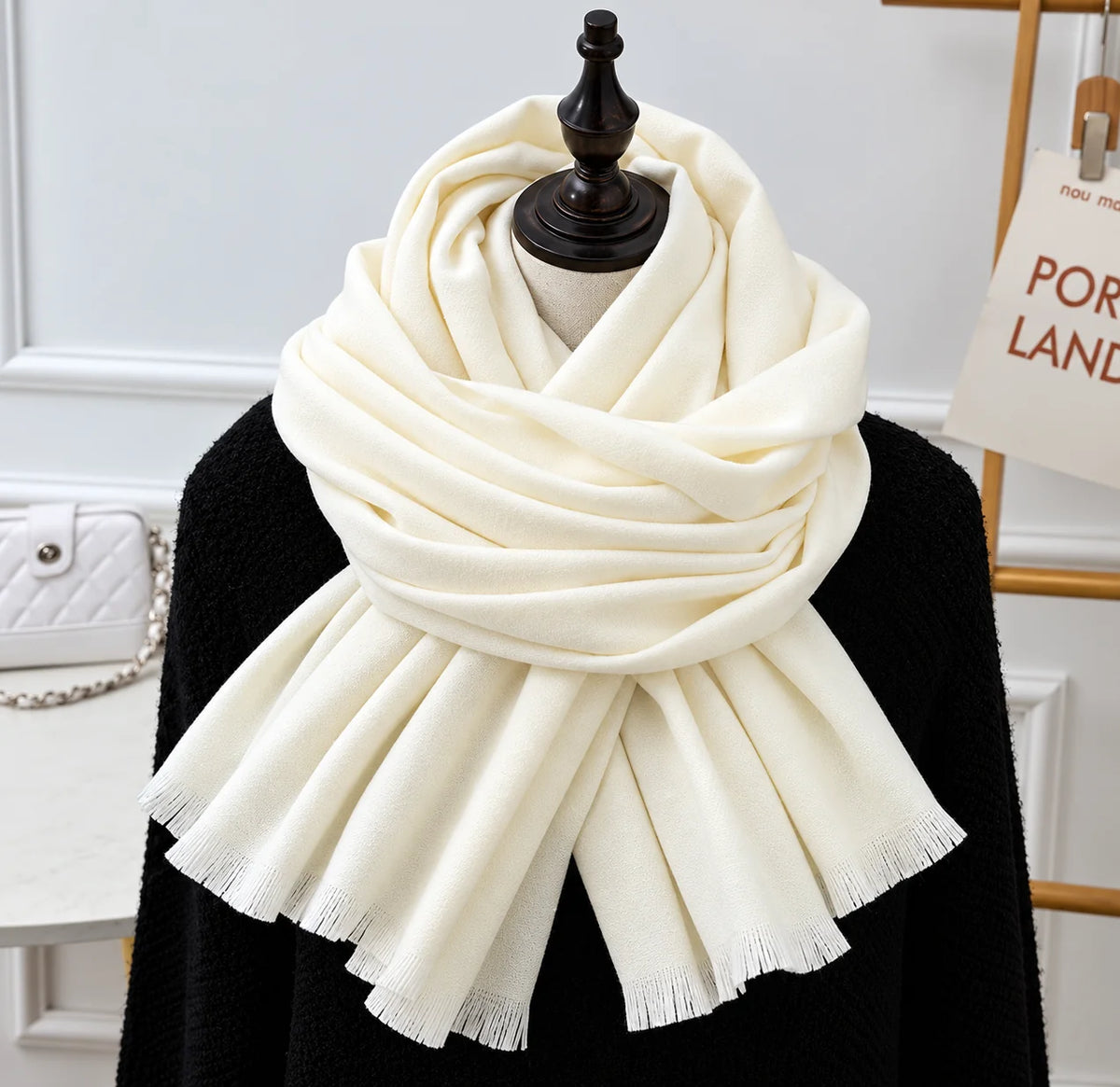 White Women's Knit Scarf with Fringe Trim & Soft Draped Finish - Front Full Alt