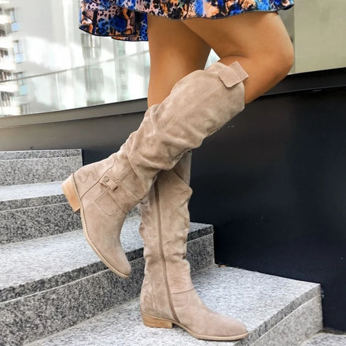 Beige Women's Flat Knee High Boots with Relaxed Slouchy Fit & Side Zip - Side Pose Stairs
