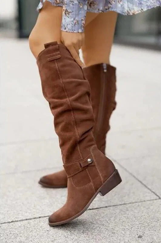 Brown Women's Flat Knee High Boots with Relaxed Slouchy Fit & Side Zip - Walking Close Up
