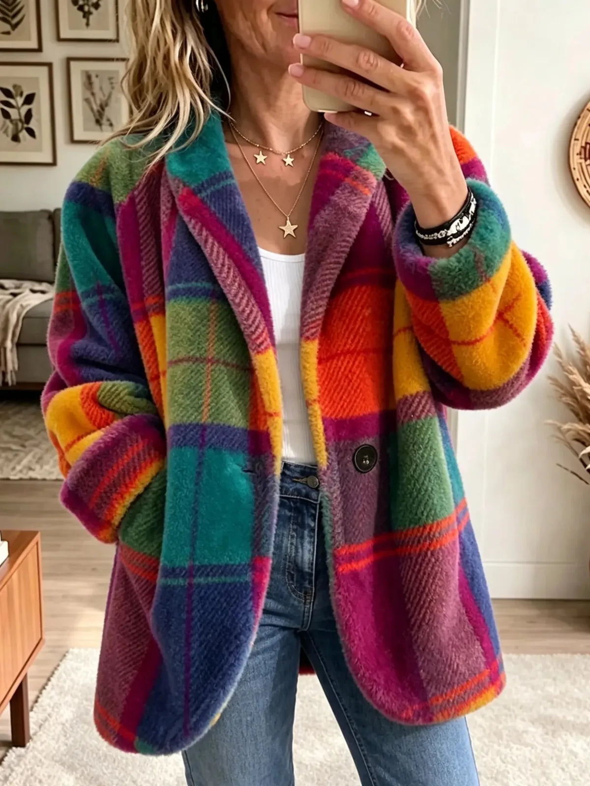 Rainbow Women's Plaid Fleece Coat with Button-Front Closure & Soft Texture