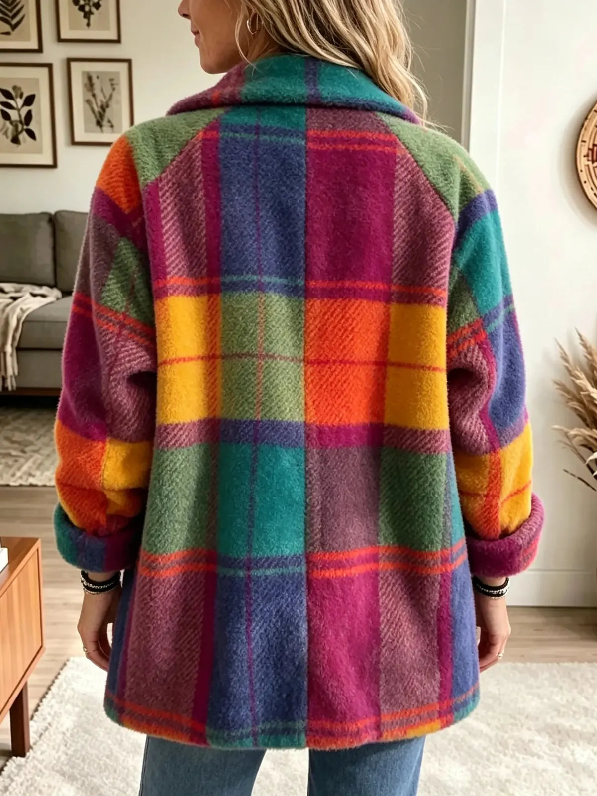Women's Plaid Fleece Coat with Button-Front Closure & Soft Texture - Back Full
