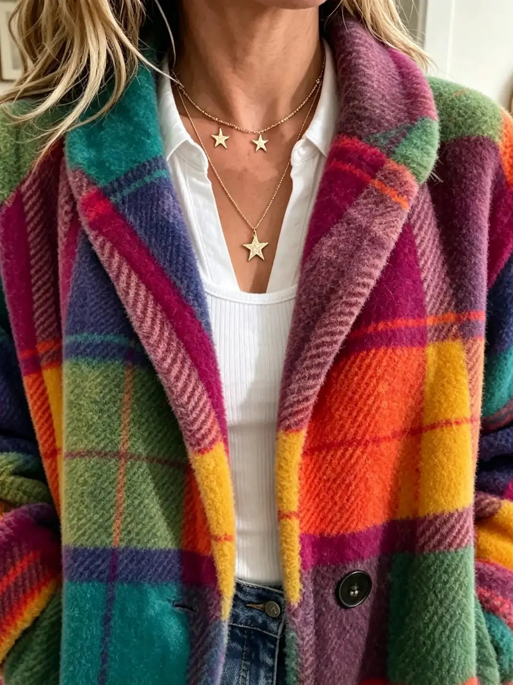 Women's Plaid Fleece Coat with Button-Front Closure & Soft Texture - Close Up Collar