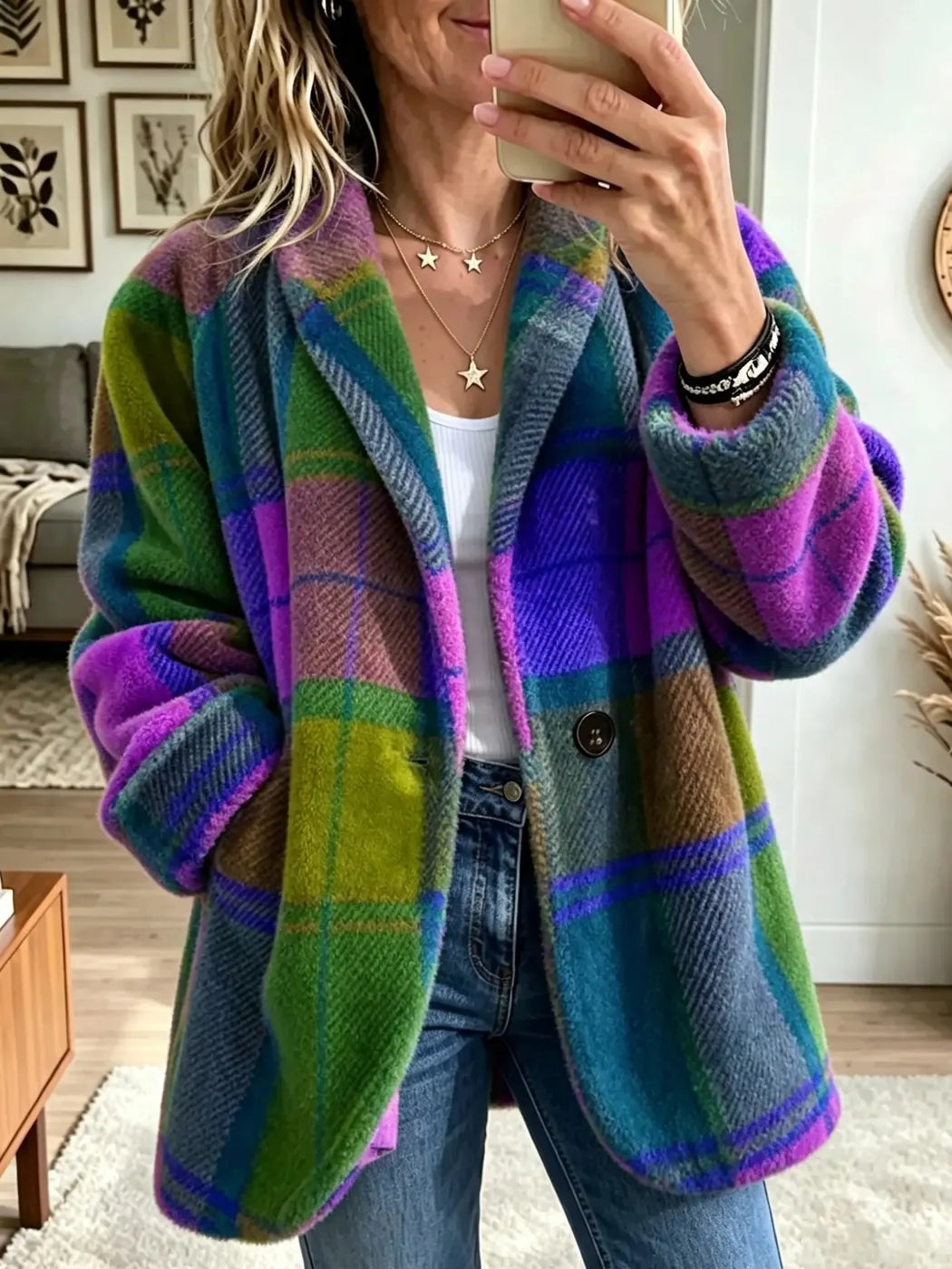 Neptune Women's Plaid Fleece Coat with Button-Front Closure & Soft Texture